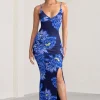 Farah | Blue Floral Print Plunge Neck Maxi Dress With Split Detail