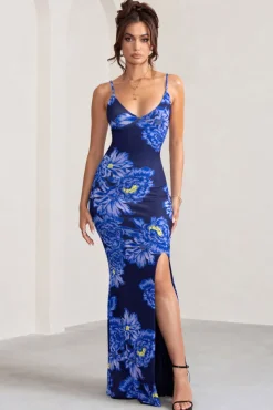 Farah | Blue Floral Print Plunge Neck Maxi Dress With Split Detail