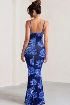 Farah | Blue Floral Print Plunge Neck Maxi Dress With Split Detail