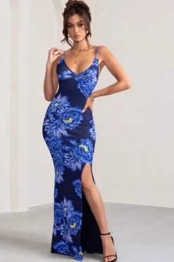 Farah | Blue Floral Print Plunge Neck Maxi Dress With Split Detail