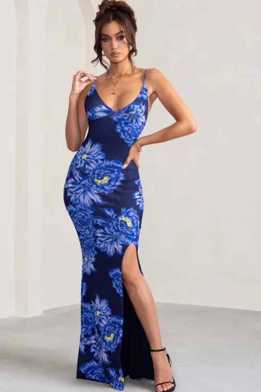 Farah | Blue Floral Print Plunge Neck Maxi Dress With Split Detail