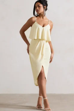 Faro | Lemon Strappy Draped-Neck Wrap Midi Dress