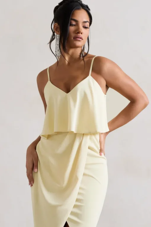 Faro | Lemon Strappy Draped-Neck Wrap Midi Dress