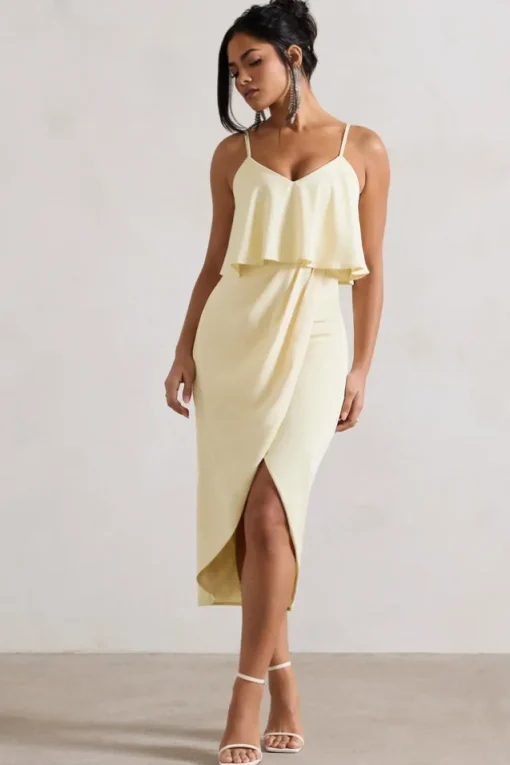 Faro | Lemon Strappy Draped-Neck Wrap Midi Dress