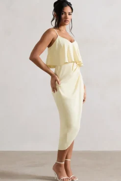 Faro | Lemon Strappy Draped-Neck Wrap Midi Dress