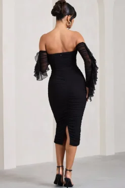 Favor | Black Ruched Mesh Bardot Midi Dress