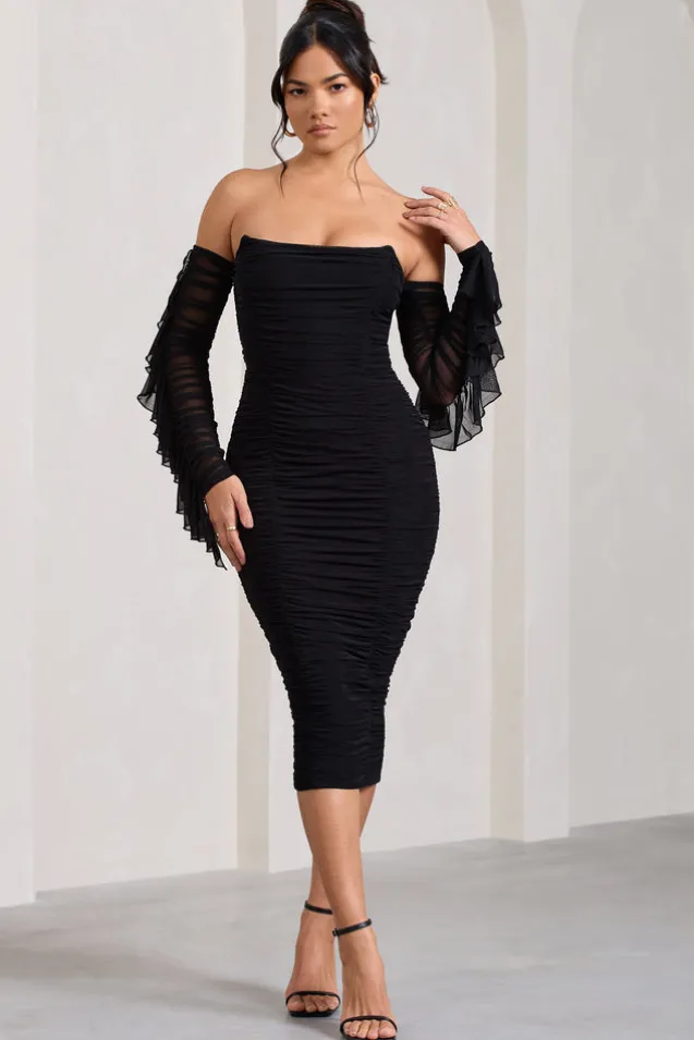 Favor | Black Ruched Mesh Bardot Midi Dress