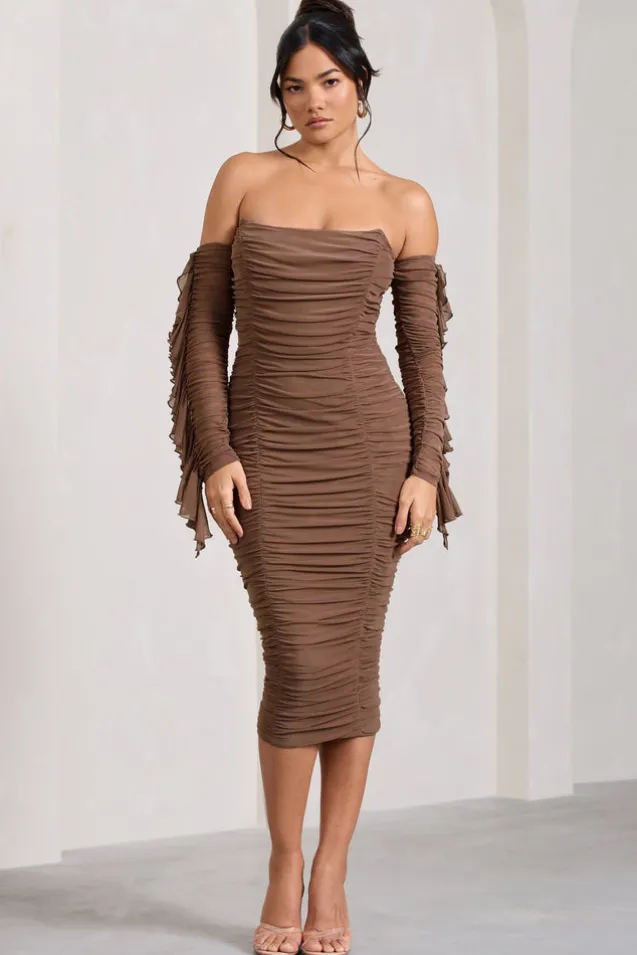 Favor | Mocha Ruched Mesh Bardot Midi Dress