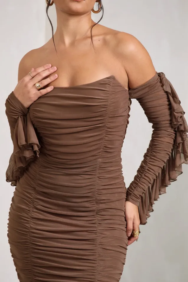 Favor | Mocha Ruched Mesh Bardot Midi Dress