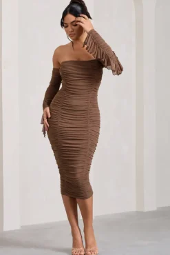 Favor | Mocha Ruched Mesh Bardot Midi Dress