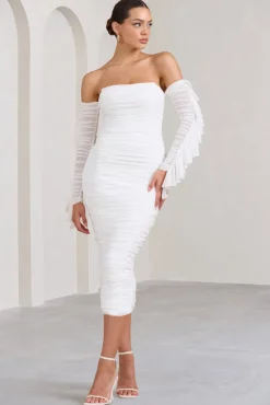 Favor | White Ruched Mesh Bardot Midi Dress