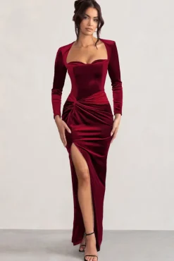 Fay | Berry Velvet Corset Style Knot Maxi Dress