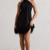 Femme | Black Halter-Neck Smock Mini Dress With Feather Hem