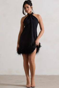 Femme | Black Halter-Neck Smock Mini Dress With Feather Hem