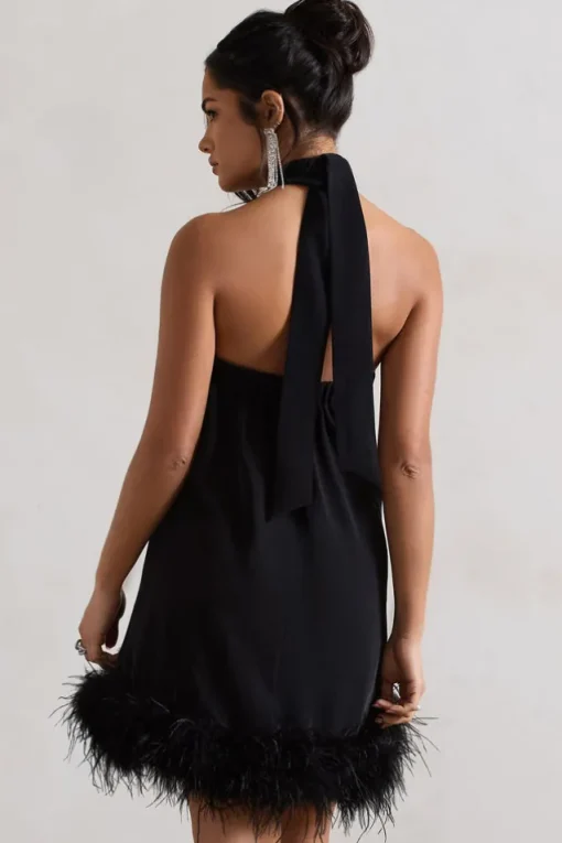 Femme | Black Halter-Neck Smock Mini Dress With Feather Hem