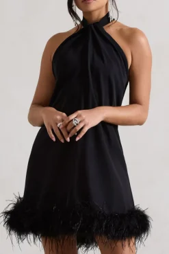 Femme | Black Halter-Neck Smock Mini Dress With Feather Hem