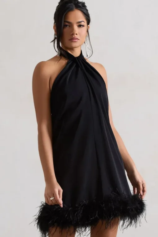 Femme | Black Halter-Neck Smock Mini Dress With Feather Hem