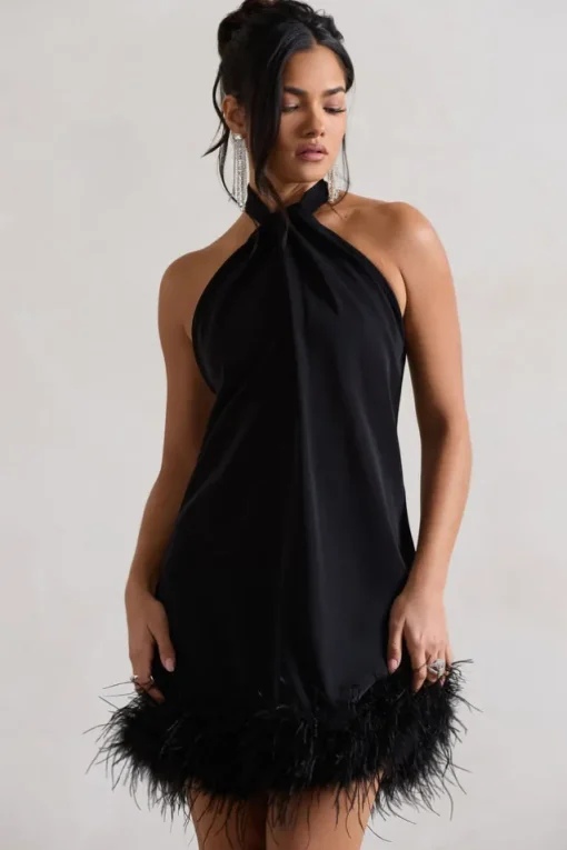 Femme | Black Halter-Neck Smock Mini Dress With Feather Hem