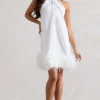 Femme | White Halter-Neck Smock Mini Dress With Feather Hem