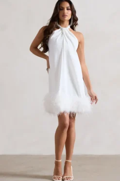 Femme | White Halter-Neck Smock Mini Dress With Feather Hem