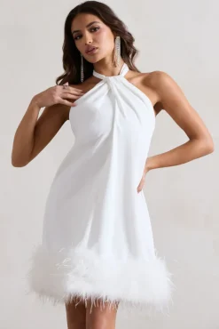 Femme | White Halter-Neck Smock Mini Dress With Feather Hem