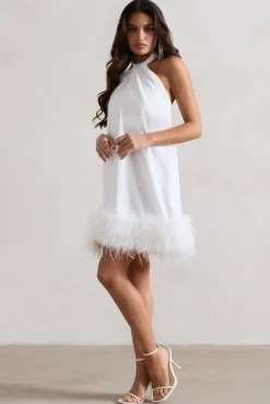 Femme | White Halter-Neck Smock Mini Dress With Feather Hem