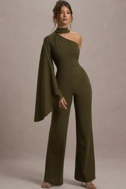 Fenix | Khaki Asymmetric Cape-Sleeve Straight-Leg Jumpsuit