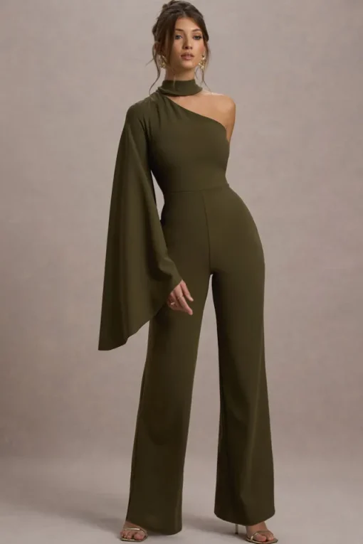 Fenix | Khaki Asymmetric Cape-Sleeve Straight-Leg Jumpsuit