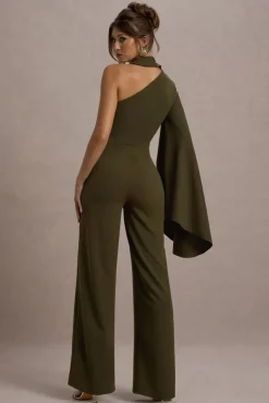 Fenix | Khaki Asymmetric Cape-Sleeve Straight-Leg Jumpsuit