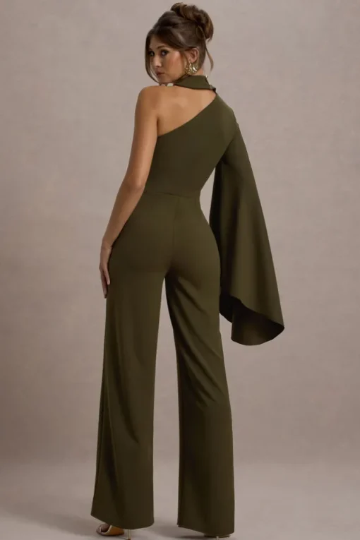Fenix | Khaki Asymmetric Cape-Sleeve Straight-Leg Jumpsuit