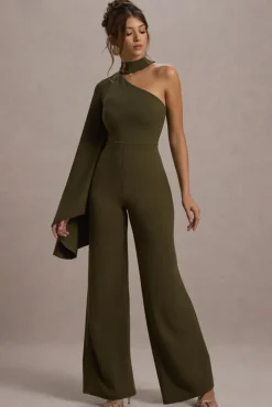 Fenix | Khaki Asymmetric Cape-Sleeve Straight-Leg Jumpsuit