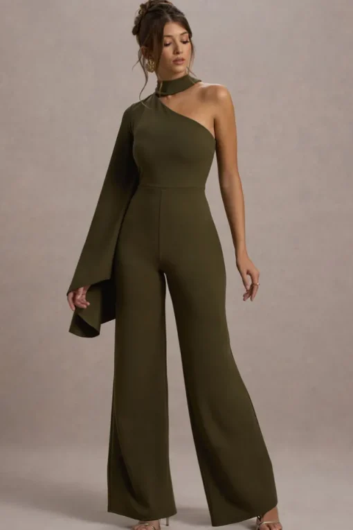 Fenix | Khaki Asymmetric Cape-Sleeve Straight-Leg Jumpsuit