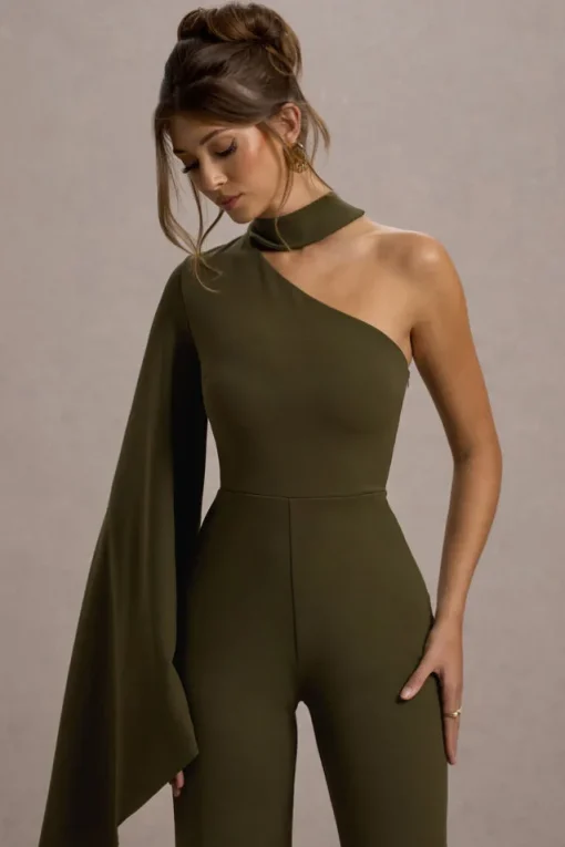 Fenix | Khaki Asymmetric Cape-Sleeve Straight-Leg Jumpsuit