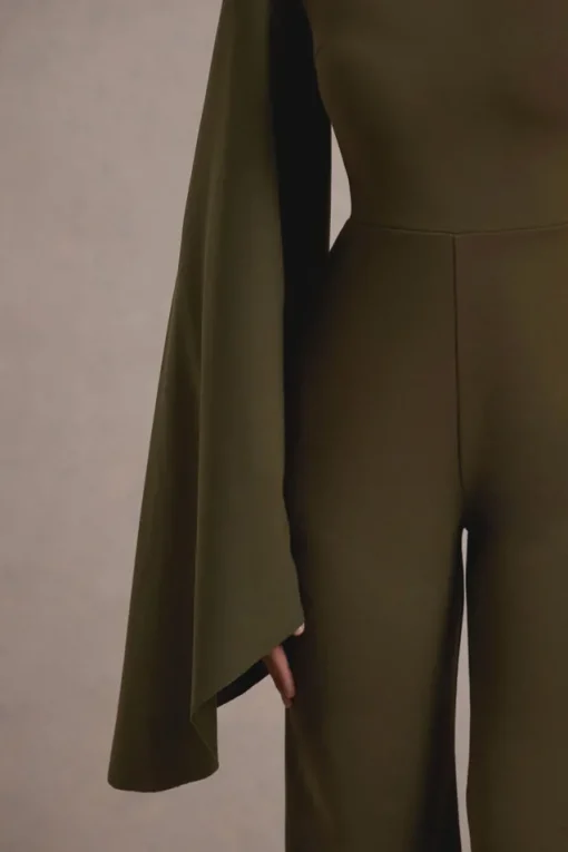 Fenix | Khaki Asymmetric Cape-Sleeve Straight-Leg Jumpsuit