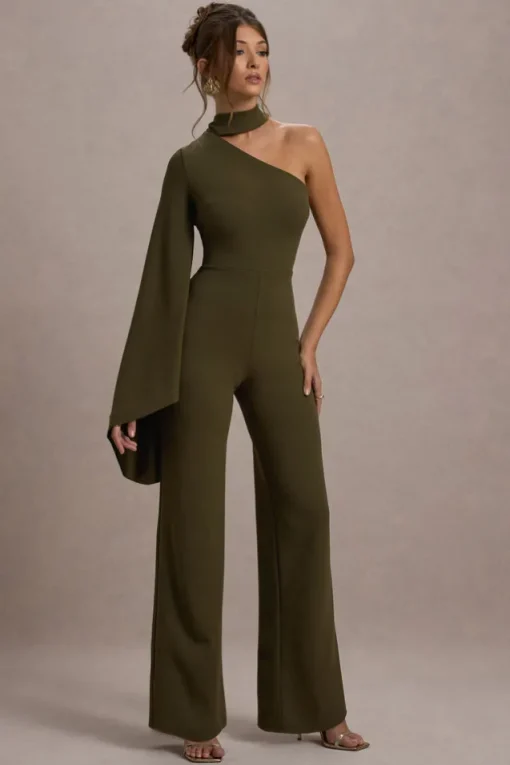 Fenix | Khaki Asymmetric Cape-Sleeve Straight-Leg Jumpsuit