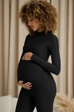 Fia | Black High-Neck Slim-Leg Maternity Jumpsuit