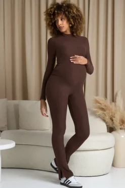 Fia | Chocolate Brown High-Neck Slim-Leg Maternity Jumpsuit