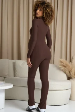 Fia | Chocolate Brown High-Neck Slim-Leg Maternity Jumpsuit