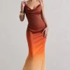 Fiji | Orange Ombre Satin Cowl-Neck Strappy Maxi Dress