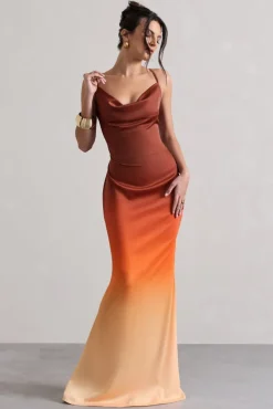 Fiji | Orange Ombre Satin Cowl-Neck Strappy Maxi Dress