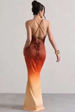 Fiji | Orange Ombre Satin Cowl-Neck Strappy Maxi Dress