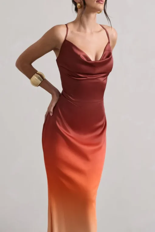 Fiji | Orange Ombre Satin Cowl-Neck Strappy Maxi Dress