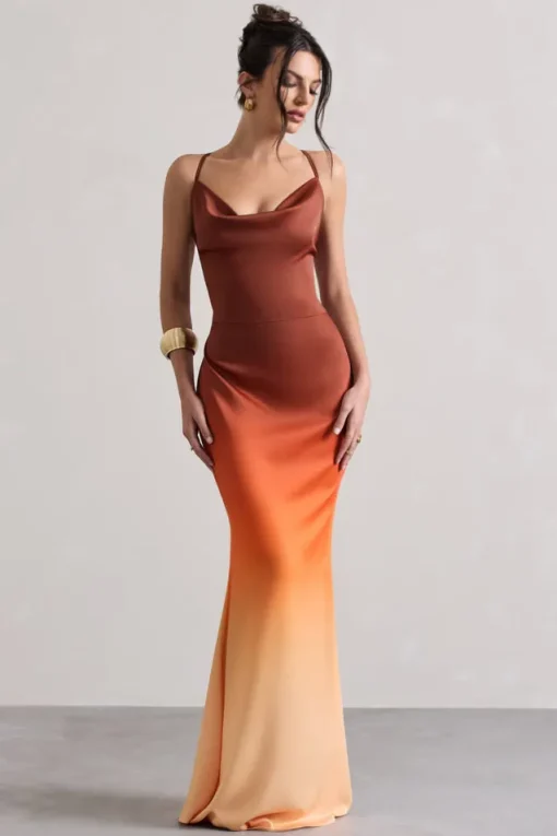 Fiji | Orange Ombre Satin Cowl-Neck Strappy Maxi Dress