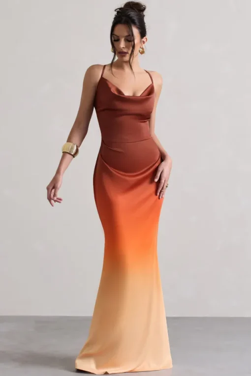 Fiji | Orange Ombre Satin Cowl-Neck Strappy Maxi Dress