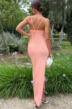 Fillie | Peach Satin Asymmetric Cowl-Neck Midi Dress