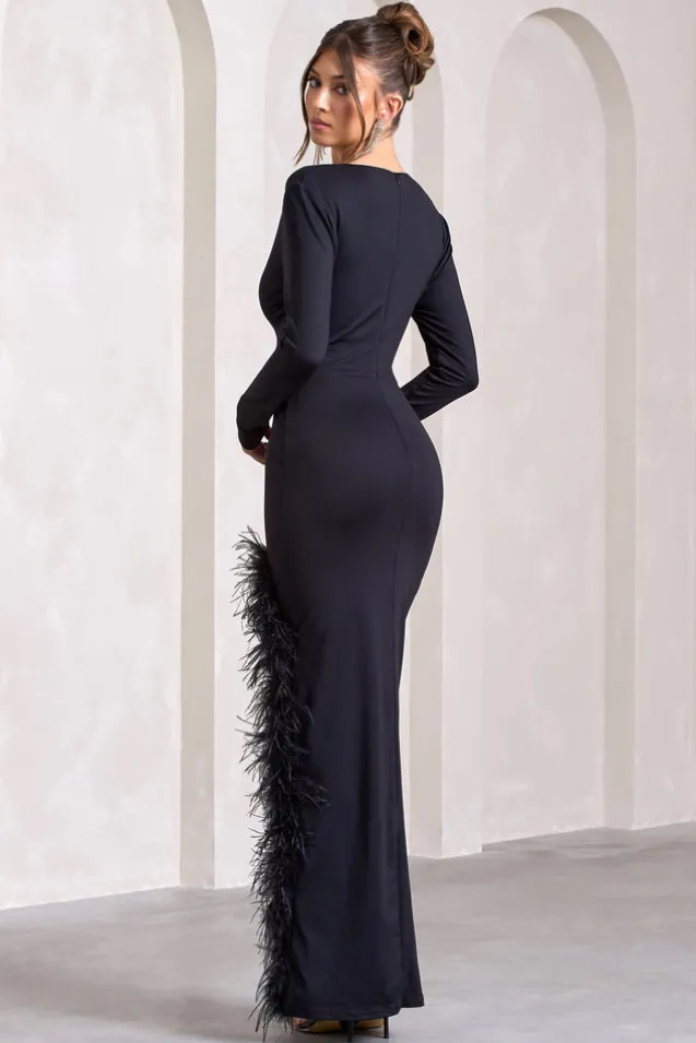 Finale | Black Feather Plunge Neck Thigh Split Maxi Dress