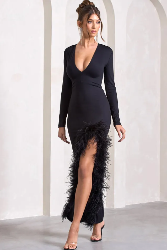 Finale | Black Feather Plunge Neck Thigh Split Maxi Dress