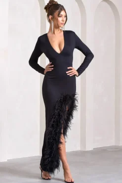 Finale | Black Feather Plunge Neck Thigh Split Maxi Dress