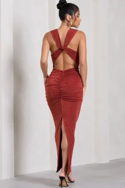 Finely Formed | Rust Red Ruched Cowl-Neck Bodycon Maxi Dress