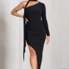 Firestorm | Black Asymmetric One-Sleeved Midi Dress With Scarf